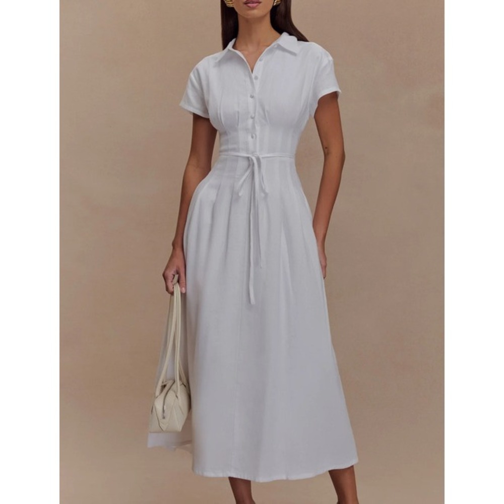 MESHKI Aysha Buttoned Linen Midi Dress White Small New With Tags